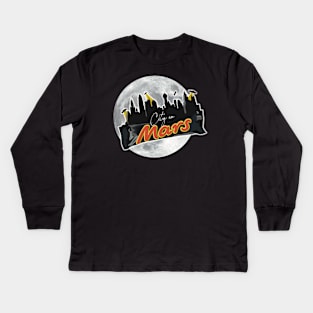 City on Mars with a moon behind it and UFO's in the sky Kids Long Sleeve T-Shirt